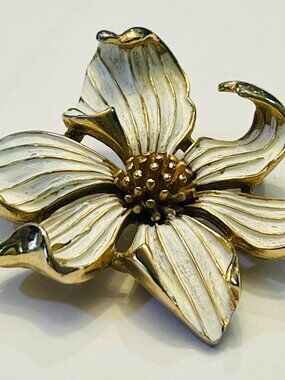 Marcel Boucher Dogwood Brooch Gold Tone White Enamel Flower Pin 1962s
